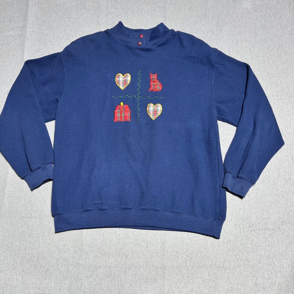 Womens Vintage Plaid Cat Heart Sweatshirt Large Navy Blue Waffle Grandmacore